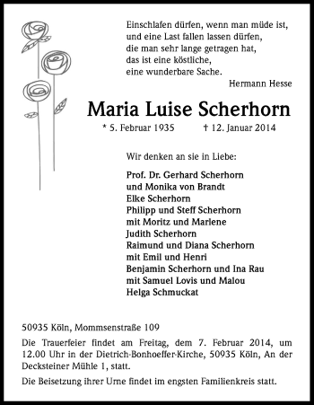 Anzeige von Maria Luise Scherhorn von Kölner Stadt-Anzeiger / Kölnische Rundschau / Express