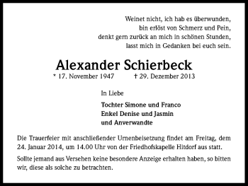 Anzeige von Alexander Schierbeck von Kölner Stadt-Anzeiger / Kölnische Rundschau / Express