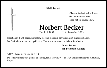 Anzeige von Norbert Becker von Kölner Stadt-Anzeiger / Kölnische Rundschau / Express