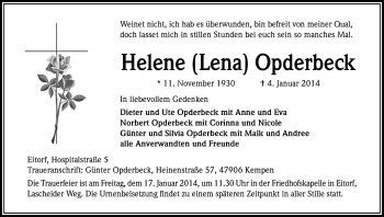 Anzeige von Helene Opderbeck von Kölner Stadt-Anzeiger / Kölnische Rundschau / Express