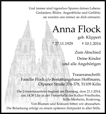 Anzeige von Anna Flock von Kölner Stadt-Anzeiger / Kölnische Rundschau / Express