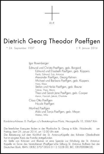 Anzeige von Dietrich Georg Theodor Paeffgen von Kölner Stadt-Anzeiger / Kölnische Rundschau / Express