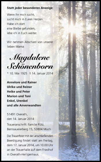 Anzeige von Magdalene Schönenborn von Kölner Stadt-Anzeiger / Kölnische Rundschau / Express