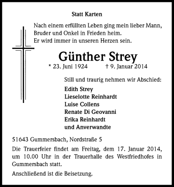 Anzeige von Günther Strey von Kölner Stadt-Anzeiger / Kölnische Rundschau / Express