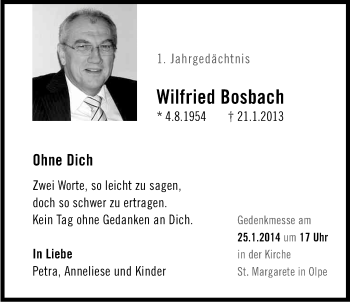 Anzeige von Wilfried Bosbach von Kölner Stadt-Anzeiger / Kölnische Rundschau / Express