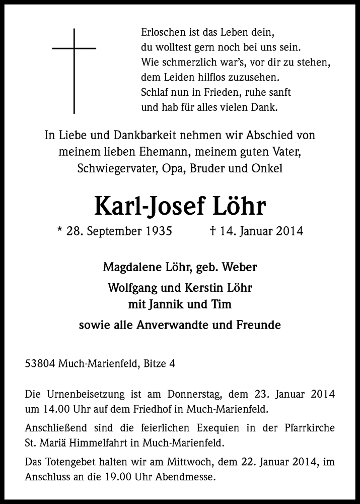  Traueranzeige für Karl-Josef Löhr vom 18.01.2014 aus Kölner Stadt-Anzeiger / Kölnische Rundschau / Express