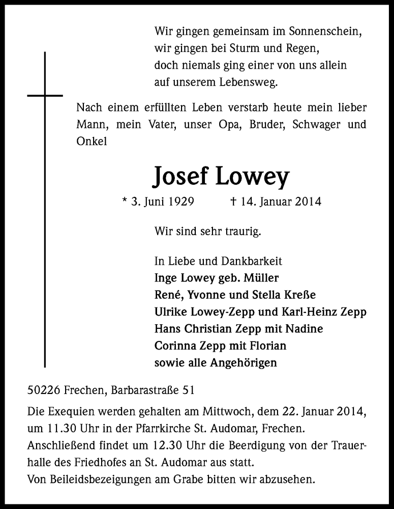  Traueranzeige für Josef Lowey vom 18.01.2014 aus Kölner Stadt-Anzeiger / Kölnische Rundschau / Express