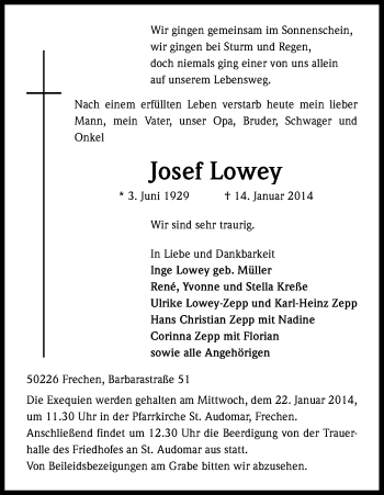 Anzeige von Josef Lowey von Kölner Stadt-Anzeiger / Kölnische Rundschau / Express
