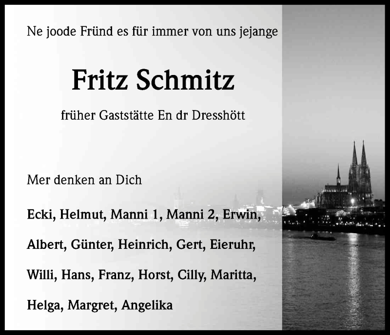  Traueranzeige für Fritz Schmitz vom 18.01.2014 aus Kölner Stadt-Anzeiger / Kölnische Rundschau / Express