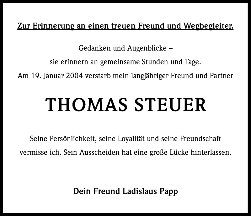  Traueranzeige für Thomas Steuer vom 18.01.2014 aus Kölner Stadt-Anzeiger / Kölnische Rundschau / Express