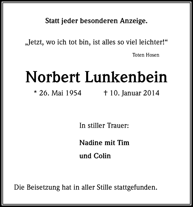  Traueranzeige für Norbert Lunkenbein vom 18.01.2014 aus Kölner Stadt-Anzeiger / Kölnische Rundschau / Express