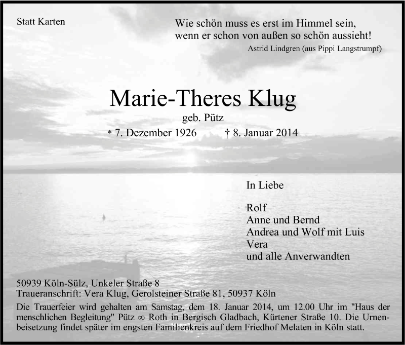  Traueranzeige für Marie-Theres Klub vom 18.01.2014 aus Kölner Stadt-Anzeiger / Kölnische Rundschau / Express