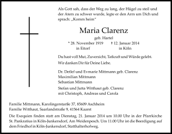 Anzeige von Maria Clarenz von Kölner Stadt-Anzeiger / Kölnische Rundschau / Express