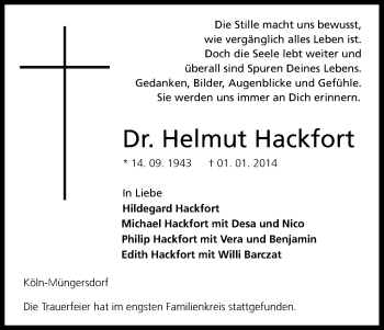 Anzeige von Helmut Hackfort von Kölner Stadt-Anzeiger / Kölnische Rundschau / Express