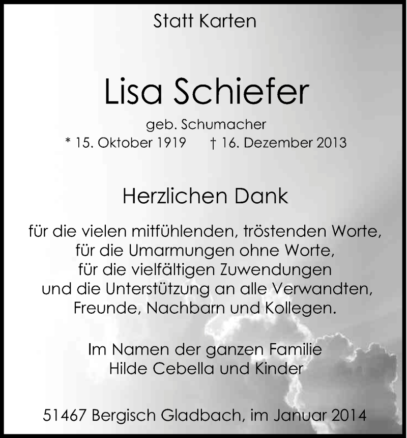  Traueranzeige für Lisa Schiefer vom 16.01.2014 aus Kölner Stadt-Anzeiger / Kölnische Rundschau / Express
