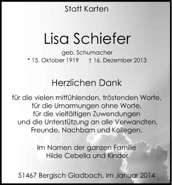 Anzeige von Lisa Schiefer von Kölner Stadt-Anzeiger / Kölnische Rundschau / Express