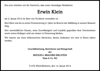 Anzeige von Erwin Klein von Kölner Stadt-Anzeiger / Kölnische Rundschau / Express