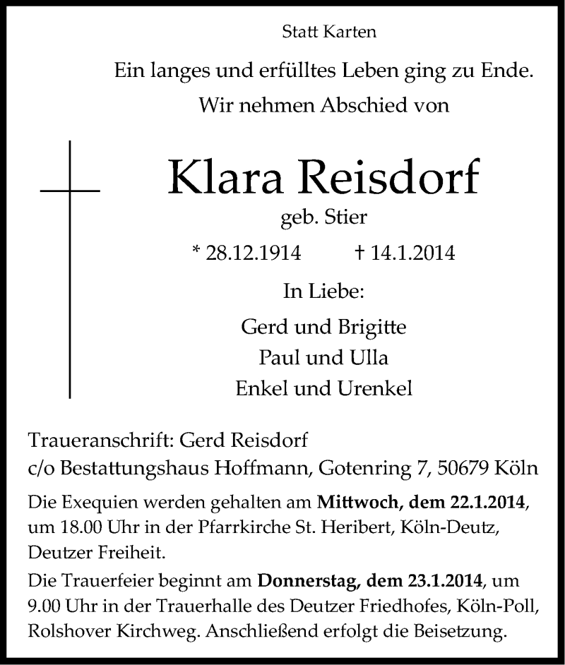  Traueranzeige für Klara Reisdorf vom 18.01.2014 aus Kölner Stadt-Anzeiger / Kölnische Rundschau / Express