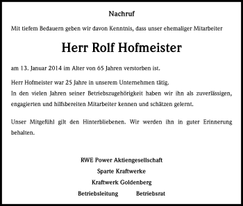 Anzeige von Rolf Hofmeister von Kölner Stadt-Anzeiger / Kölnische Rundschau / Express