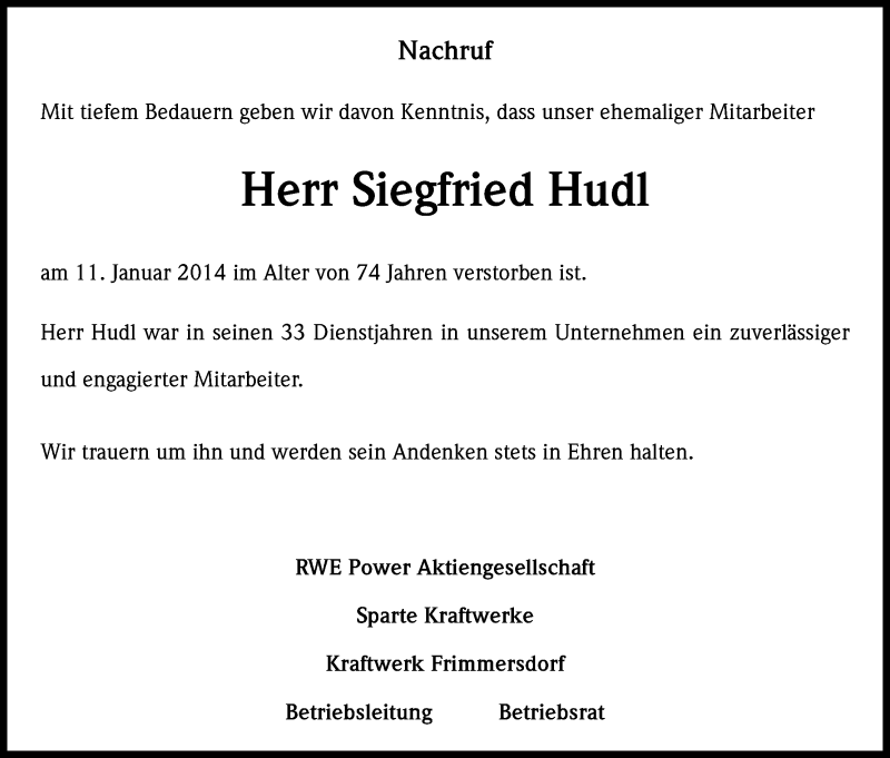  Traueranzeige für Siegfried Hudl vom 17.01.2014 aus Kölner Stadt-Anzeiger / Kölnische Rundschau / Express