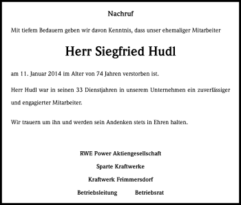 Anzeige von Siegfried Hudl von Kölner Stadt-Anzeiger / Kölnische Rundschau / Express