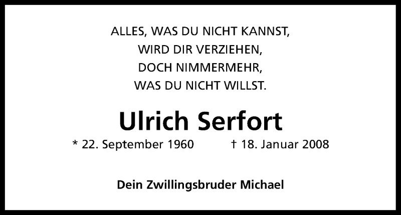  Traueranzeige für Ulrich Serfort vom 18.01.2014 aus Kölner Stadt-Anzeiger / Kölnische Rundschau / Express