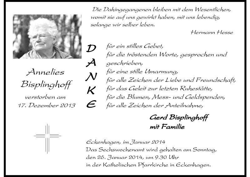  Traueranzeige für Annelies Bisplinghoff vom 17.01.2014 aus Kölner Stadt-Anzeiger / Kölnische Rundschau / Express
