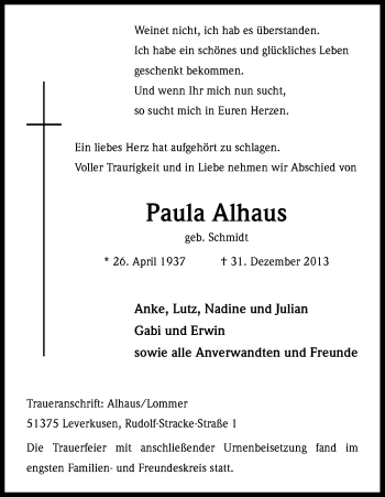 Anzeige von Paula Alhaus von Kölner Stadt-Anzeiger / Kölnische Rundschau / Express