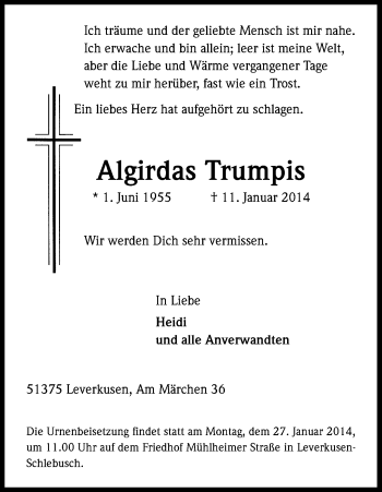Anzeige von Algirdas Trumpis von Kölner Stadt-Anzeiger / Kölnische Rundschau / Express