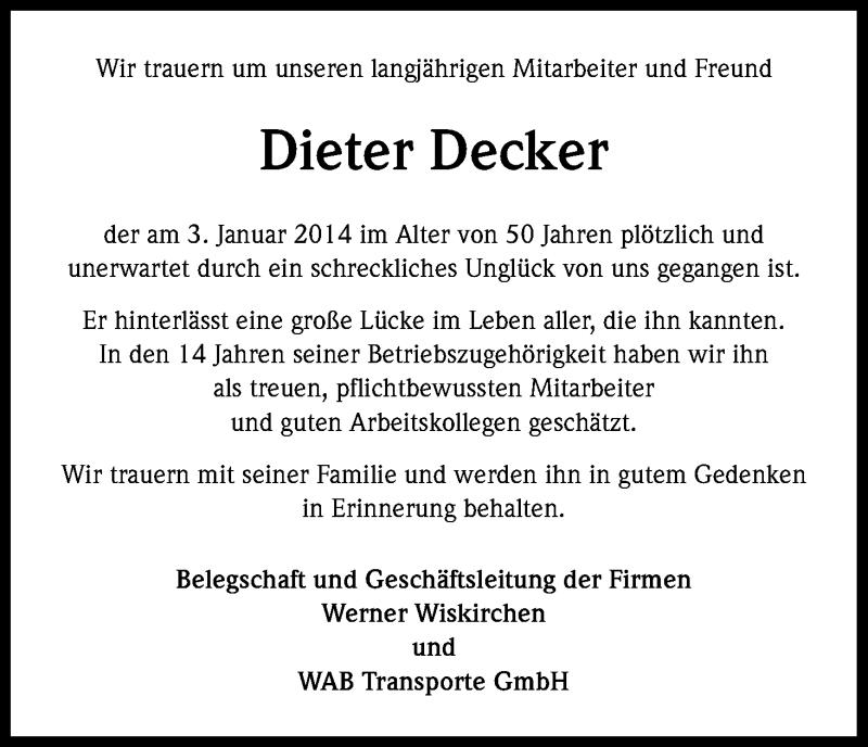  Traueranzeige für Dieter Decker vom 18.01.2014 aus Kölner Stadt-Anzeiger / Kölnische Rundschau / Express
