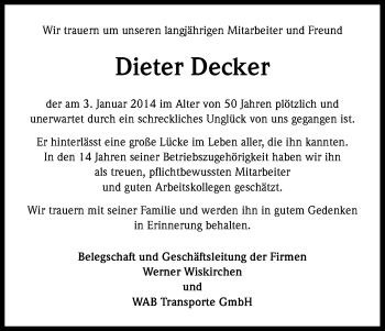 Anzeige von Dieter Decker von Kölner Stadt-Anzeiger / Kölnische Rundschau / Express