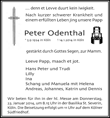 Anzeige von Peter Odenthal von Kölner Stadt-Anzeiger / Kölnische Rundschau / Express