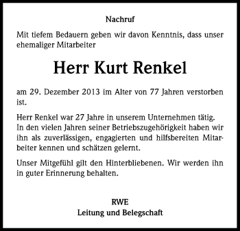 Anzeige von Kurt Renkel von Kölner Stadt-Anzeiger / Kölnische Rundschau / Express