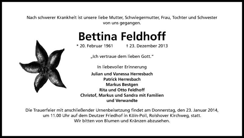  Traueranzeige für Bettina Feldhoff vom 18.01.2014 aus Kölner Stadt-Anzeiger / Kölnische Rundschau / Express