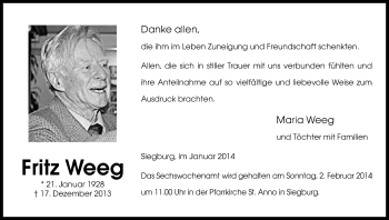 Anzeige von Fritz Weeg von Kölner Stadt-Anzeiger / Kölnische Rundschau / Express