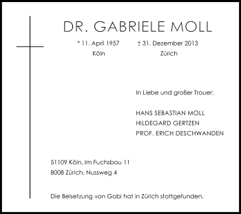 Anzeige von Gabriele Moll von Kölner Stadt-Anzeiger / Kölnische Rundschau / Express