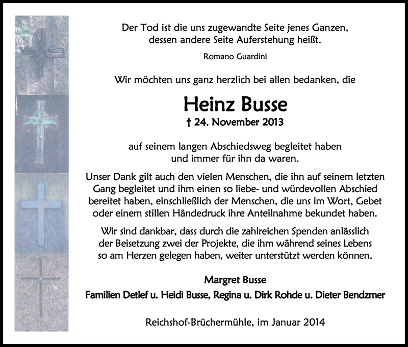  Traueranzeige für Heinz Busse vom 18.01.2014 aus Kölner Stadt-Anzeiger / Kölnische Rundschau / Express