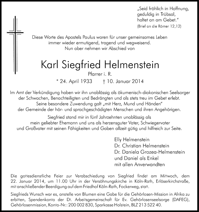  Traueranzeige für Karl Siegfried Helmenstein vom 18.01.2014 aus Kölner Stadt-Anzeiger / Kölnische Rundschau / Express