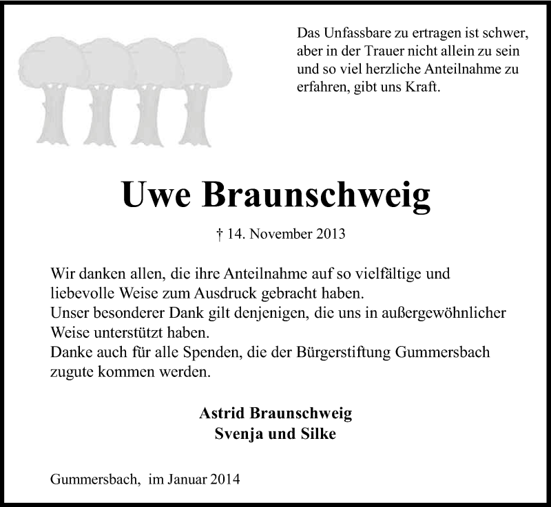  Traueranzeige für Uwe Braunschweig vom 18.01.2014 aus Kölner Stadt-Anzeiger / Kölnische Rundschau / Express
