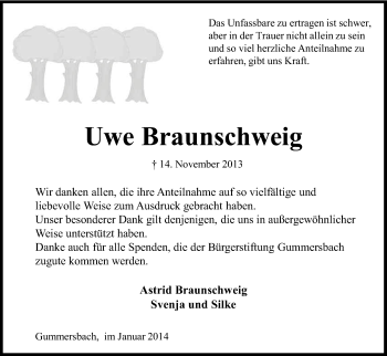 Anzeige von Uwe Braunschweig von Kölner Stadt-Anzeiger / Kölnische Rundschau / Express