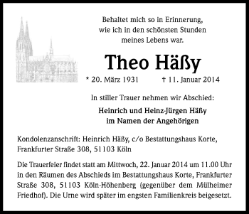 Anzeige von Theo Häßy von Kölner Stadt-Anzeiger / Kölnische Rundschau / Express