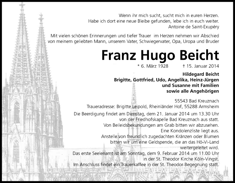  Traueranzeige für Franz Hugo Beicht vom 18.01.2014 aus Kölner Stadt-Anzeiger / Kölnische Rundschau / Express
