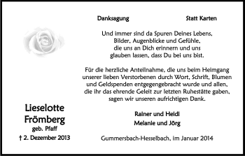 Anzeige von Lieselotte Frömberg von Kölner Stadt-Anzeiger / Kölnische Rundschau / Express