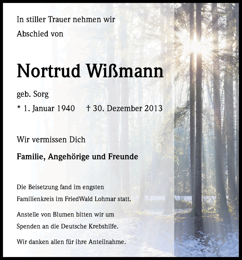  Traueranzeige für Nortrud Wissmann vom 25.01.2014 aus Kölner Stadt-Anzeiger / Kölnische Rundschau / Express