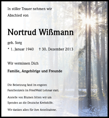 Anzeige von Nortrud Wissmann von Kölner Stadt-Anzeiger / Kölnische Rundschau / Express