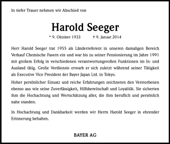 Anzeige von Harold Seeger von Kölner Stadt-Anzeiger / Kölnische Rundschau / Express
