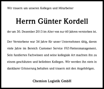 Anzeige von Günter Kordell von Kölner Stadt-Anzeiger / Kölnische Rundschau / Express