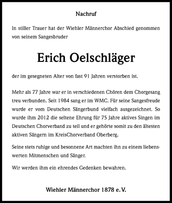 Anzeige von Erich Oelschläger von Kölner Stadt-Anzeiger / Kölnische Rundschau / Express