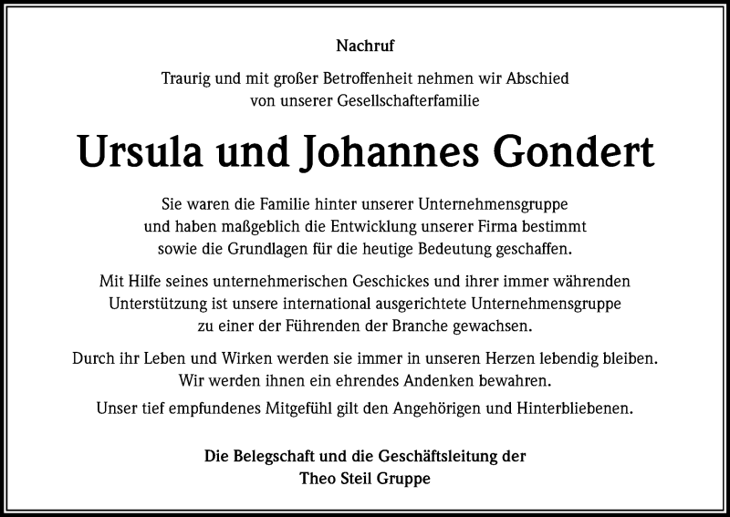  Traueranzeige für Ursula und Johannes Gondert vom 17.01.2014 aus Kölner Stadt-Anzeiger / Kölnische Rundschau / Express