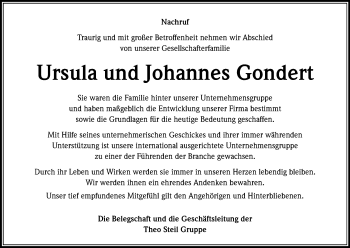 Anzeige von Ursula und Johannes Gondert von Kölner Stadt-Anzeiger / Kölnische Rundschau / Express